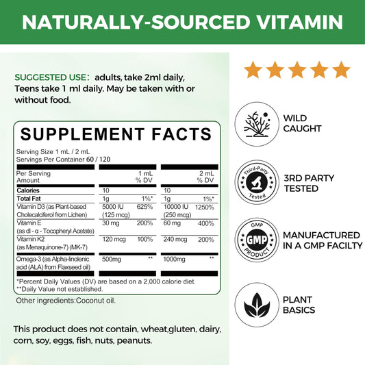 Mulittea Vitamin D3 K2 10000 IU Liquid Drops with MK7, Omega-3, Vitamin E & MCT Oil | Plant-Based High Absorption | 2 Fl Oz (2 Pack)