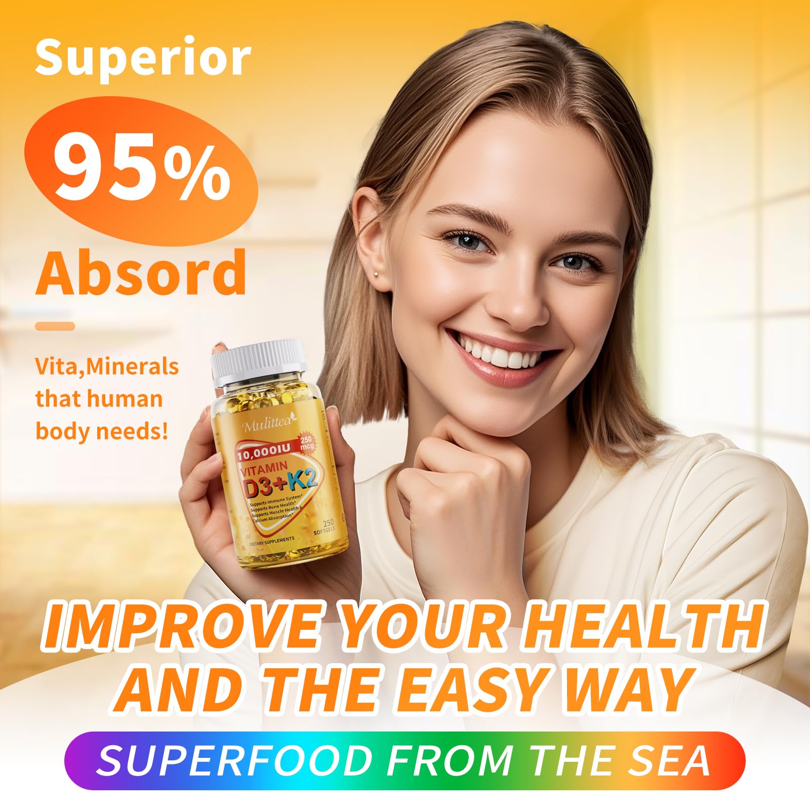 Vitamin D3 K2 Softgels 10,000 IU & 200 mcg MK7 | 250 Count