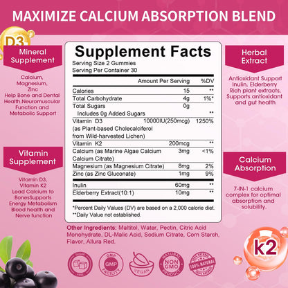 Vitamin D3 K2 Gummies 10,000 IU with Calcium, Magnesium, Zinc & Inulin – Sugar-Free, Elderberry Flavor – 2 Pack