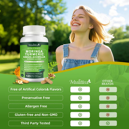 Moringa Capsules Organic 1000mg – 7-in-1 Superfood with Turmeric, Ginger, Elderberry, Licorice & Boswellia – Immune, Gut & Skin Support – Non-GMO, 120 Vegan Capsules (2-Month Supply)