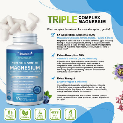5-in-1 Magnesium Glycinate Complex | Stress, Sleep & Muscle Support – Vegan Capsules