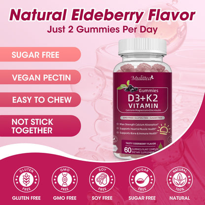 Vitamin D3 K2 Gummies 10,000 IU with Calcium, Magnesium, Zinc & Inulin – Sugar-Free, Elderberry Flavor – 2 Pack