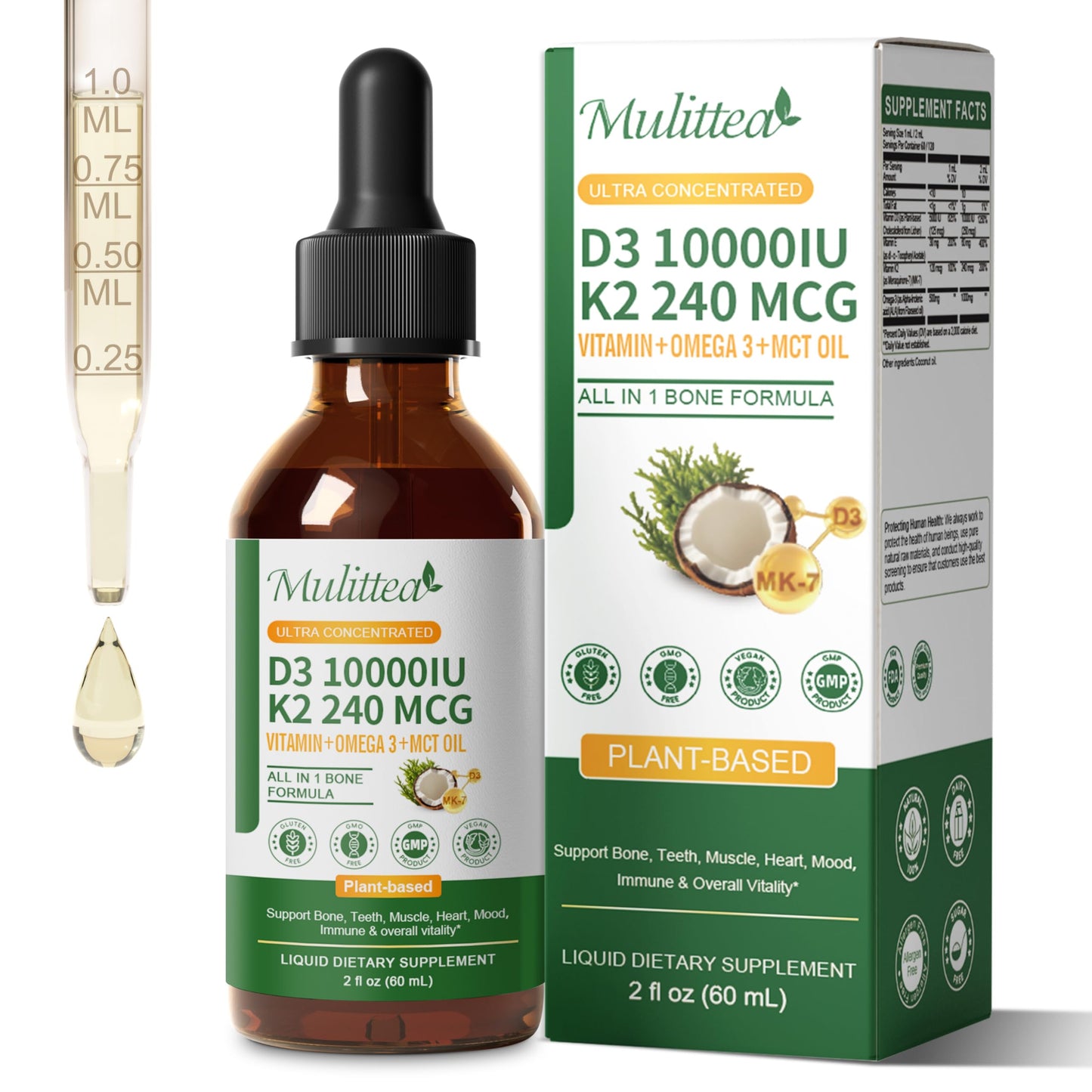 Mulittea Vitamin D3 K2 10000 IU Liquid Drops with MK7, Omega-3, Vitamin E & MCT Oil | Plant-Based High Absorption | 2 Fl Oz (2 Pack)
