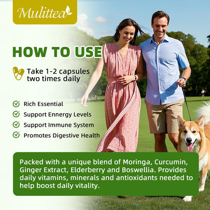 Moringa Capsules Organic 1000mg – 7-in-1 Superfood with Turmeric, Ginger, Elderberry, Licorice & Boswellia – Immune, Gut & Skin Support – Non-GMO, 120 Vegan Capsules (2-Month Supply)