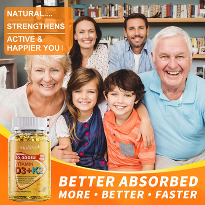 Vitamin D3 K2 Bone & Heart Health Formula – 10,000 IU Vitamin D3 & 200 mcg K2 (MK7) – Max Strength 2-in-1 Immune Support & Calcium Absorption – Gluten-Free, Coconut Oil Softgels