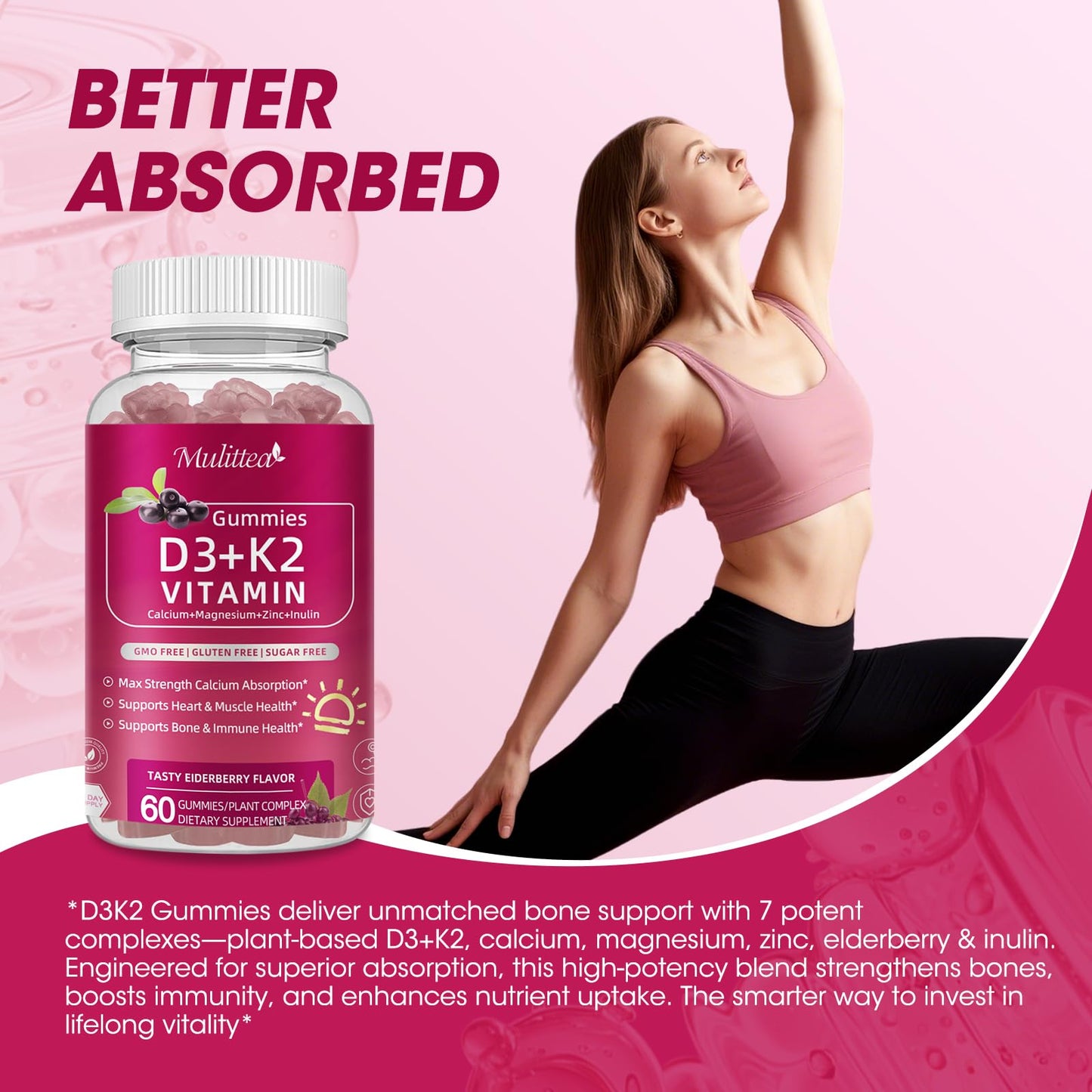 Vitamin D3 10000iu with K2 (MK7) 200mcg -Formulated with Calcium Magnesium Zinc & Inulin–Immune Support, Bone & Heart Health, Enhanced Absorption, Sugar-Free Gummies -Elderberry Flavor-2 PACKs