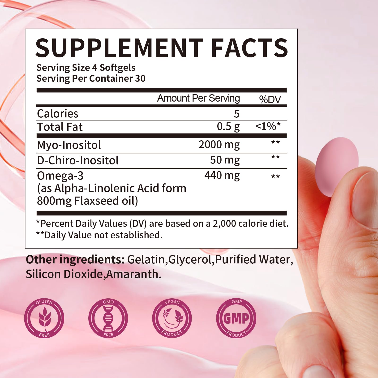 Supplement Facts showing 2000mg Myo-Inositol, 50mg DCI, and 440mg Omega-3


