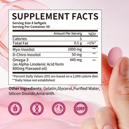 Supplement Facts showing 2000mg Myo-Inositol, 50mg DCI, and 440mg Omega-3

