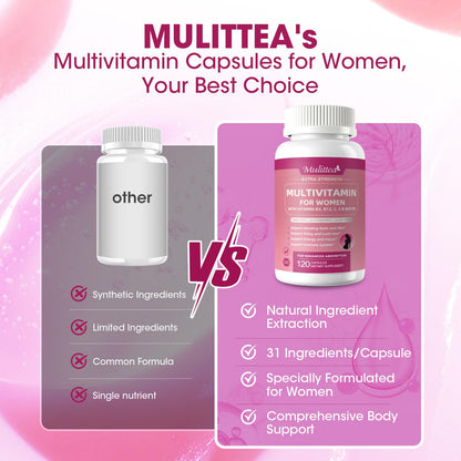 MULITTEA Women's Multivitamin – 31-in-1 Methylated Vitamins for Hair, Skin, Nails & Energy – with Biotin, Folate, A C D E, Zinc, Iron & Collagen – 120 Capsules