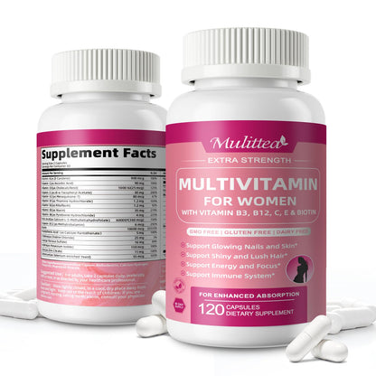 Back label of MULITTEA Women’s Multivitamin – supplement facts, usage directions: take 2 capsules daily with food