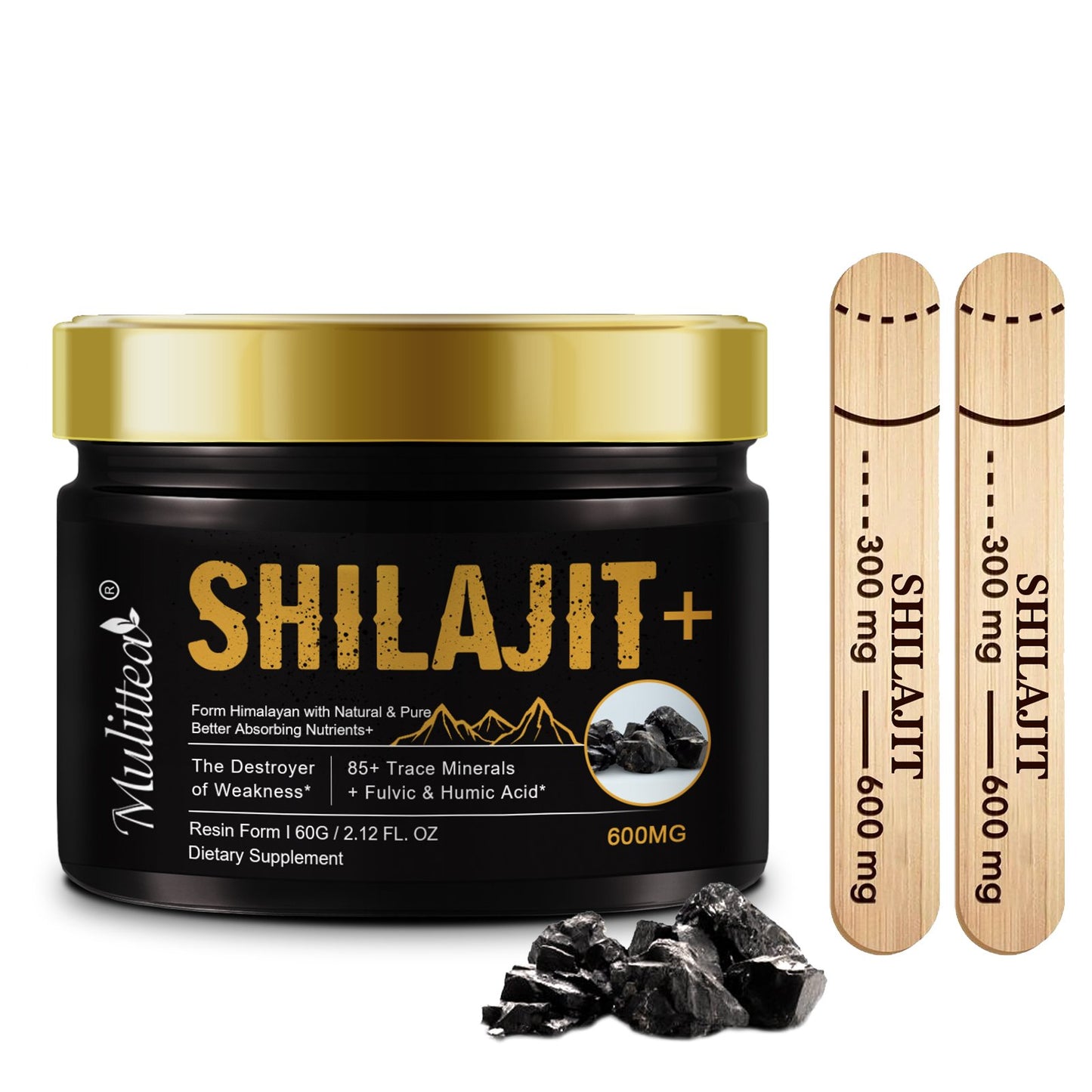 Shilajit Resin 600mg Maximum Potency - Pure & Ancient Extracts from The Himalayas with 85+ Trace Minerals & 75% Fulvic Acid - Natural Resin Gel, 100 Servings / 60g w/ 2 Wood