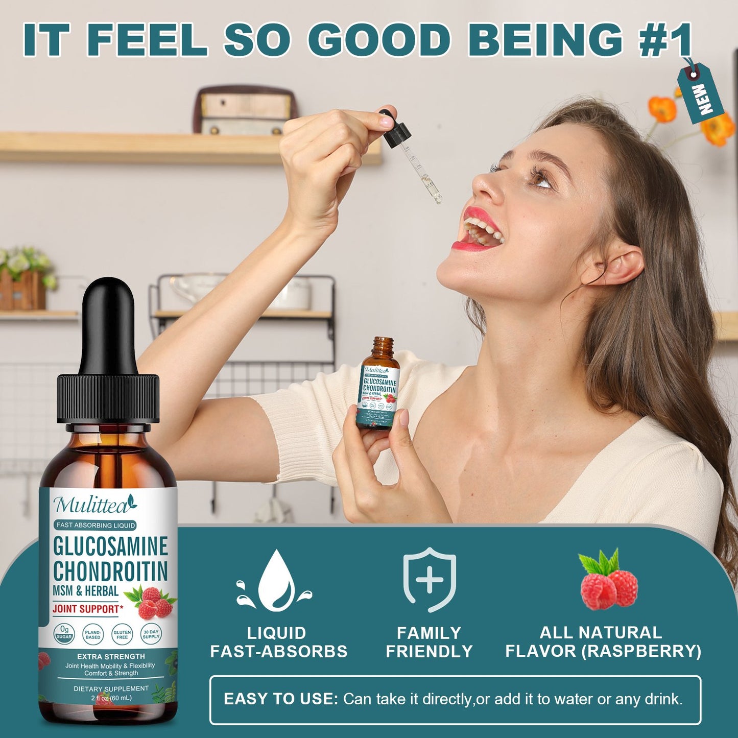 Glucosamine Chondroitin MSM Liquid Drops, Extra Strength Joint Support Supplement with Elderberry, Boswelia, Bromelain, Hyaluronic Acid, Antioxidant Immune Support for Adults, Men & Women(2 Fl oz)
