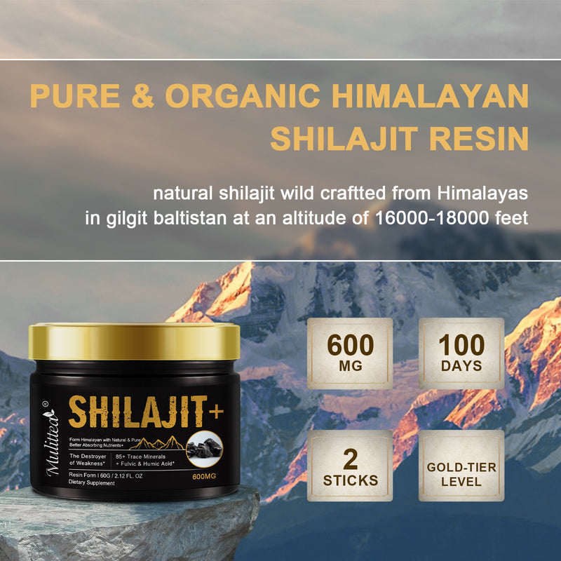 Shilajit Resin 600mg Maximum Potency - Pure & Ancient Extracts from The Himalayas with 85+ Trace Minerals & 75% Fulvic Acid - Natural Resin Gel, 100 Servings / 60g w/ 2 Wood