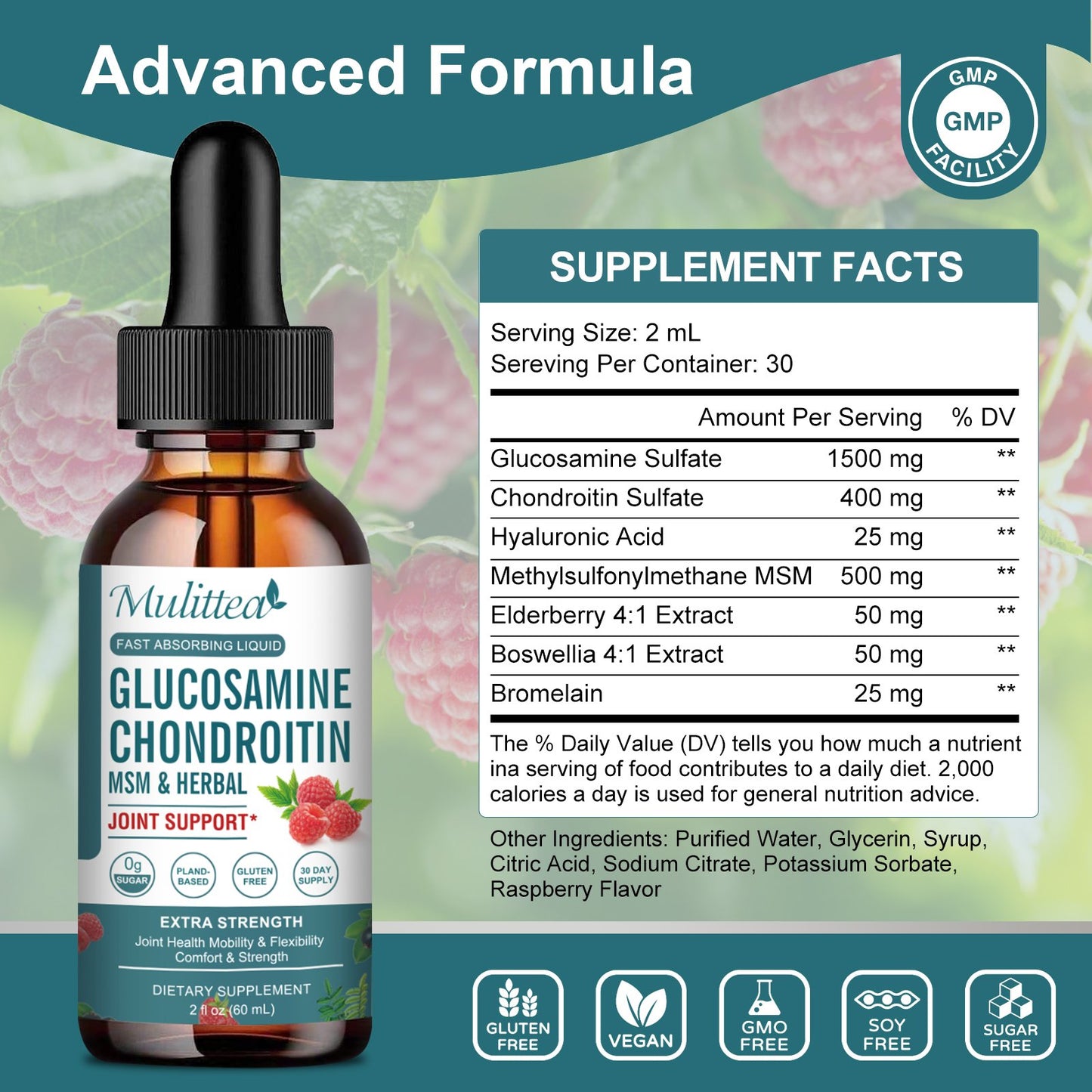 Glucosamine Chondroitin MSM Liquid Drops, Extra Strength Joint Support Supplement with Elderberry, Boswelia, Bromelain, Hyaluronic Acid, Antioxidant Immune Support for Adults, Men & Women(2 Fl oz)