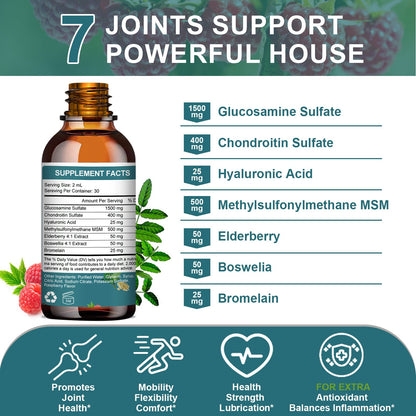 Glucosamine Chondroitin MSM Liquid Drops, Extra Strength Joint Support Supplement with Elderberry, Boswelia, Bromelain, Hyaluronic Acid, Antioxidant Immune Support for Adults, Men & Women(2 Fl oz)