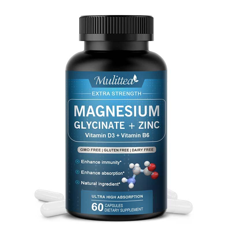 Mulittea Magnesium Glycinate 500mg Capsules with Zinc Vitamin D3 & B6 - Promotes Nerve, Bowel, Relaxation Function Vegan Capsules for Women & Men