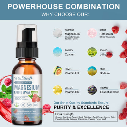 Mulittea Magnesium Glycinate Liquid Spray – Advanced Magnesium Complex with Citrate, Oxide, Malate, L-Theanine, D3K2 & B6 – Sugar-Free Raspberry Flavor, 30-Day Supply