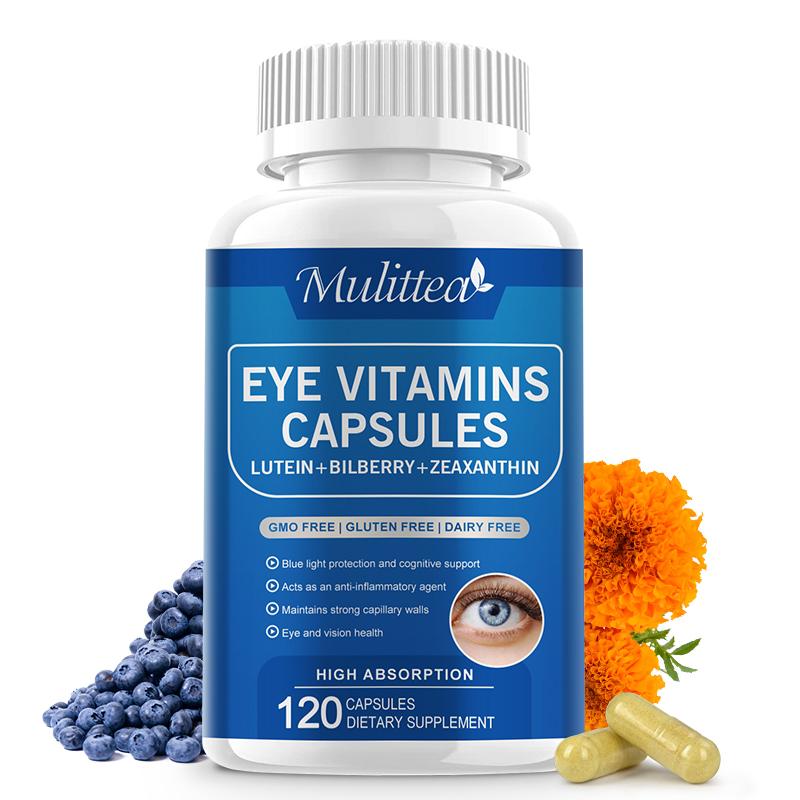 Mulittea Eye Vitamins with Lutein, Zeaxanthin, Bilberry Supports Eye Strain, Vision Health & Dryness Provides Eye Health and Vision Support