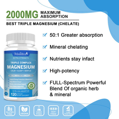 2000mg Triple Magnesium Complex - With Magnesium Glycinate, Malate, & Citrate for Muscles, Nerves, & Energy | High Absorption | Vegan, Non-GMO | 60 Capsules