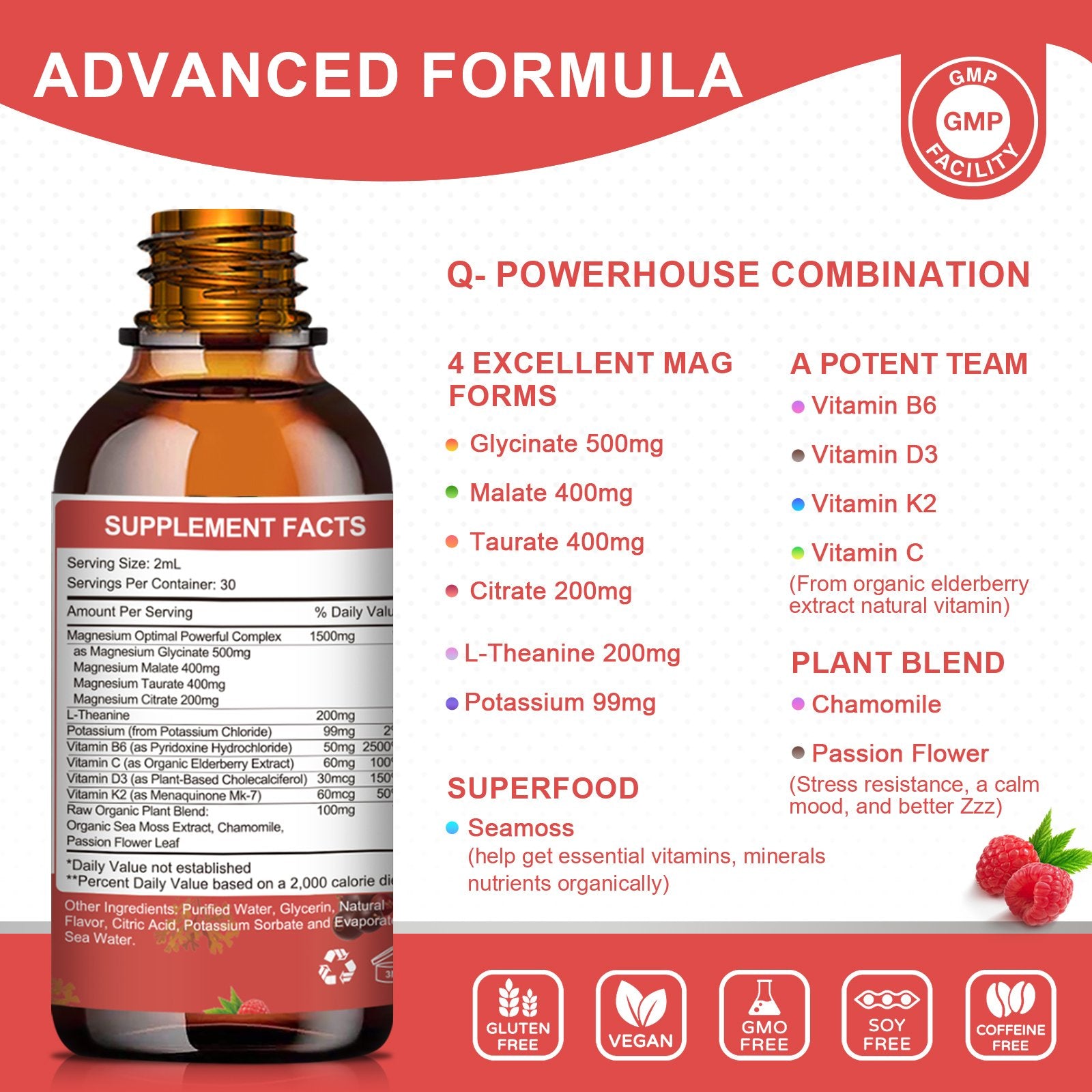 Magnesium Glycinate & L-Theanine Drops, Raspberry Flavor | 2 fl oz (60ml)