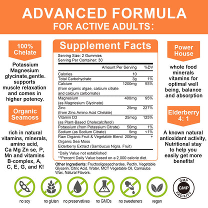 1200mg Calcium Gummies with D3, K2 & Zinc – Plant-Based Calcium Magnesium Complex with Glycinate, Potassium & Vitamin C – Bone & Immune Support – Sugar-Free Passion Fruit Flavor