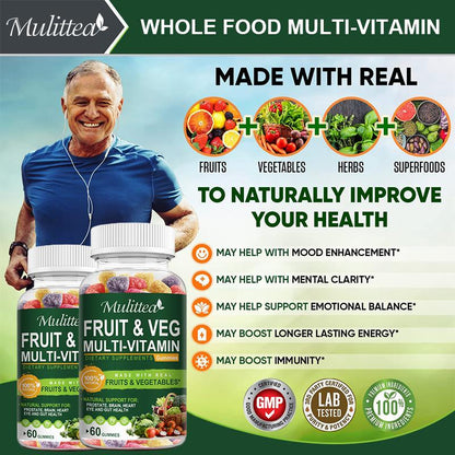 Fruit & Vegetable Complex Gummies - Whole Food Multivitamin & Fiber for Energy & Immunity - 60 Gummies