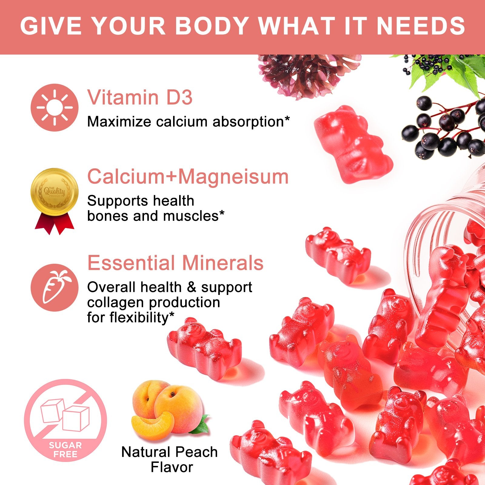 Mulittea Cal Mag Zinc Gummies (60 Count) | Sugar-Free, Glycinate & Sea Moss | Bone, Muscle & Sleep Support | Peach