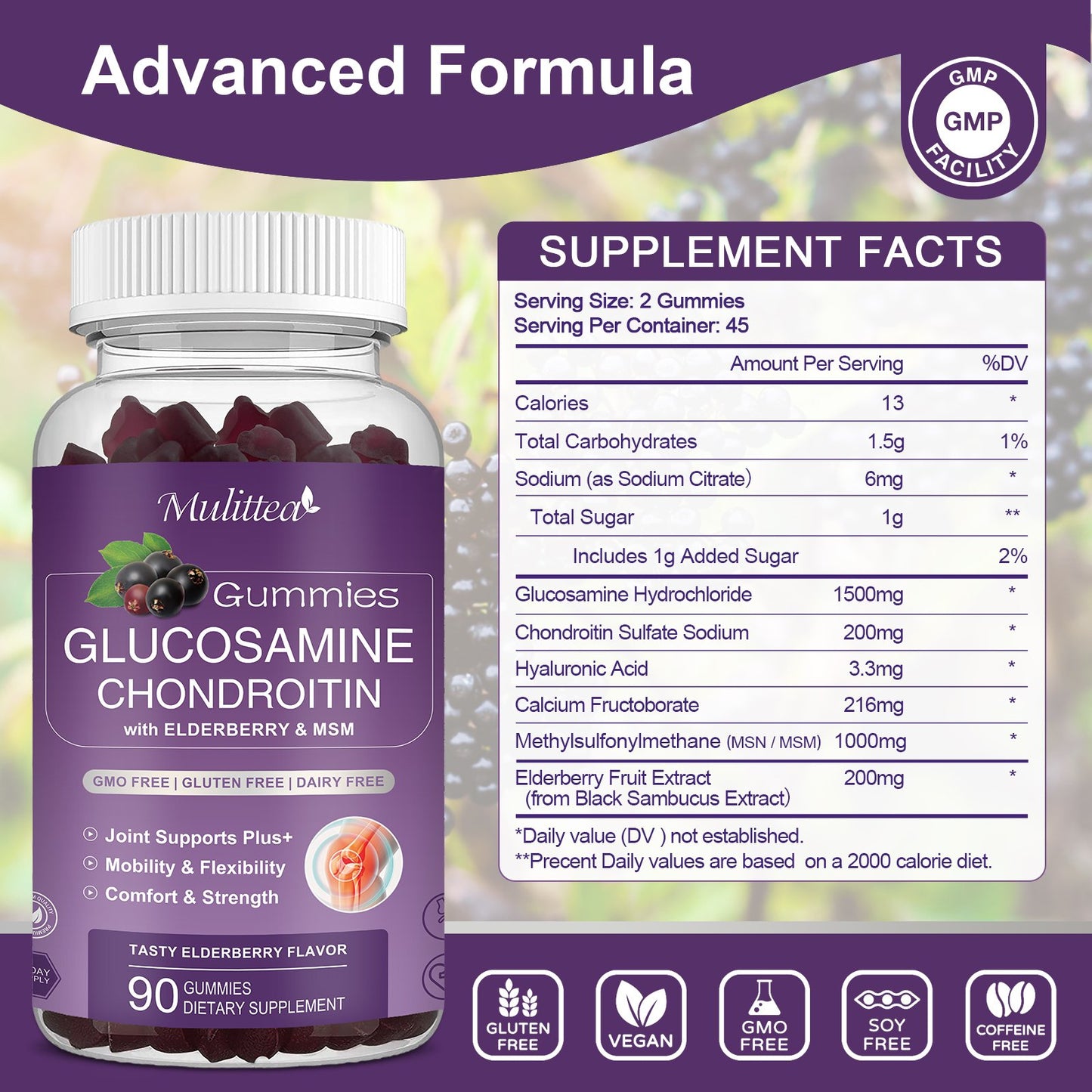 Glucosamine Chondroitin Gummies - Extra Strength Joint Support Supplement with MSM & Elderberry for Natural Joint, Antioxidant Immune Support for Adults, Men & Women-90 Gummies