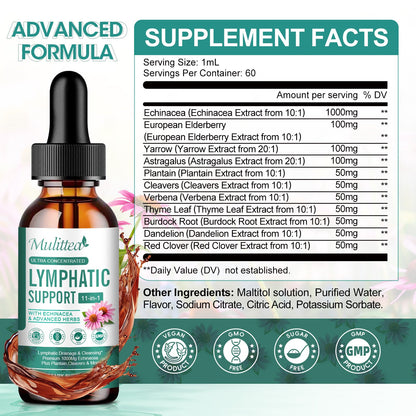 Lymphatic Drainage Drops – Vegan 11-in-1 Herbal Blend for Lymph System Support & Detox – Echinacea, Elderberry, Thyme & More – 2 Fl.oz