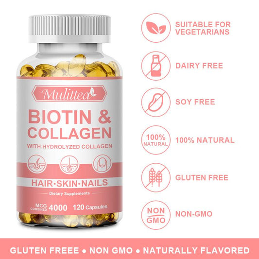 Mulitte Biotin + Collagen Capsules (120 Count) | Vegan, Anti-Aging Formula | Hair, Skin & Nail Support