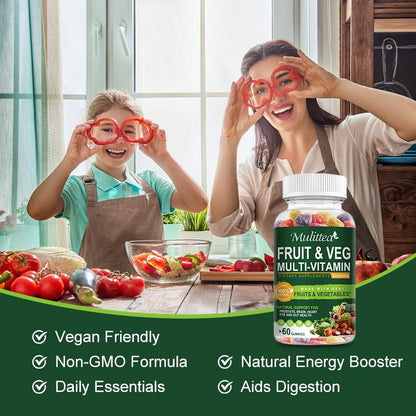 Fruit & Vegetable Complex Gummies - Whole Food Multivitamin & Fiber for Energy & Immunity - 60 Gummies
