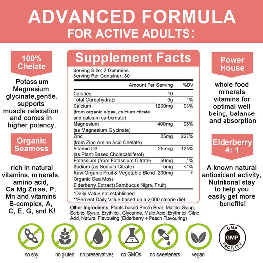 (2 Pack) Calcium Gummies with D3,Zinc Gummies - Plant Complex Calcium Magnesium Supplement with Glycinate,Potassium,Vitamin C for Bone & Immune Support- 60 Chewable Gummy