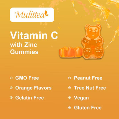 Mulittea Vitamin C Zinc Gummies (60 Count) | 1000mg C + 20mg Zinc | Immune Boost for Adults & Kids