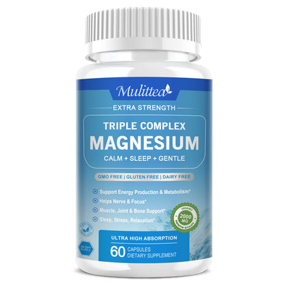 2000mg Triple Magnesium Complex - With Magnesium Glycinate, Malate, & Citrate for Muscles, Nerves, & Energy | High Absorption | Vegan, Non-GMO | 60 Capsules