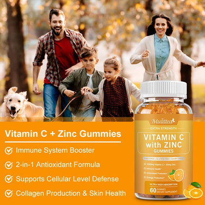 Mulittea Vitamin C Zinc Gummies (60 Count) | 1000mg C + 20mg Zinc | Immune Boost for Adults & Kids