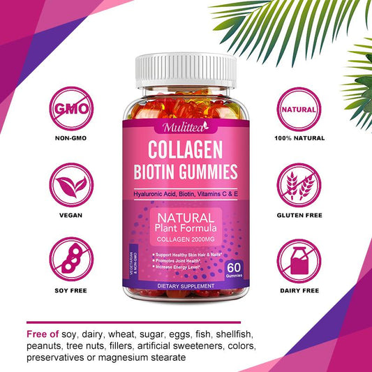 Mulittea Collagen Gummies (60 Count) | Vegan, Biotin, Vitamin C & E | Hair, Skin, Nail & Anti-Aging Support