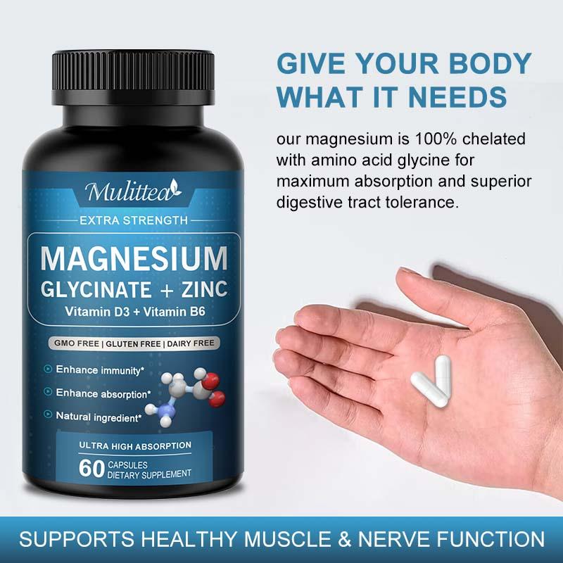 Mulittea Magnesium Glycinate 500mg Capsules with Zinc Vitamin D3 & B6 - Promotes Nerve, Bowel, Relaxation Function Vegan Capsules for Women & Men