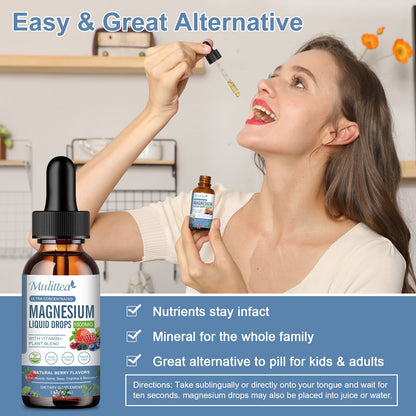 Liquid Magnesium Glycinate Drops 1500 mg – High‑Absorption Magnesium Complex w/ D3, B6, K2, L‑theanine – Berry Flavor, Sugar‑Free, Gentle on Stomach (Kids & Adults)