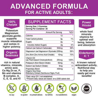 Mulittea Calcium Magnesium Zinc Gummies with Magnesium Glycinate 200mg, Potassium & D3 – Bone, Muscle & Sleep Support for Kids & Adults – Elderberry Flavor