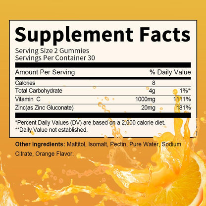 Mulittea Vitamin C Zinc Gummies (60 Count) | 1000mg C + 20mg Zinc | Immune Boost for Adults & Kids