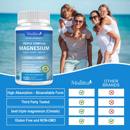 2000mg Triple Magnesium Complex - With Magnesium Glycinate, Malate, & Citrate for Muscles, Nerves, & Energy | High Absorption | Vegan, Non-GMO | 60 Capsules