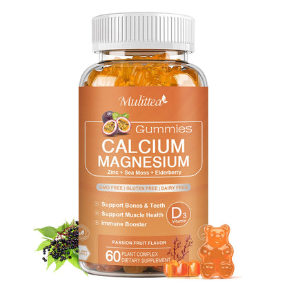 1200mg Calcium Gummies with D3, K2 & Zinc – Plant-Based Calcium Magnesium Complex with Glycinate, Potassium & Vitamin C – Bone & Immune Support – Sugar-Free Passion Fruit Flavor