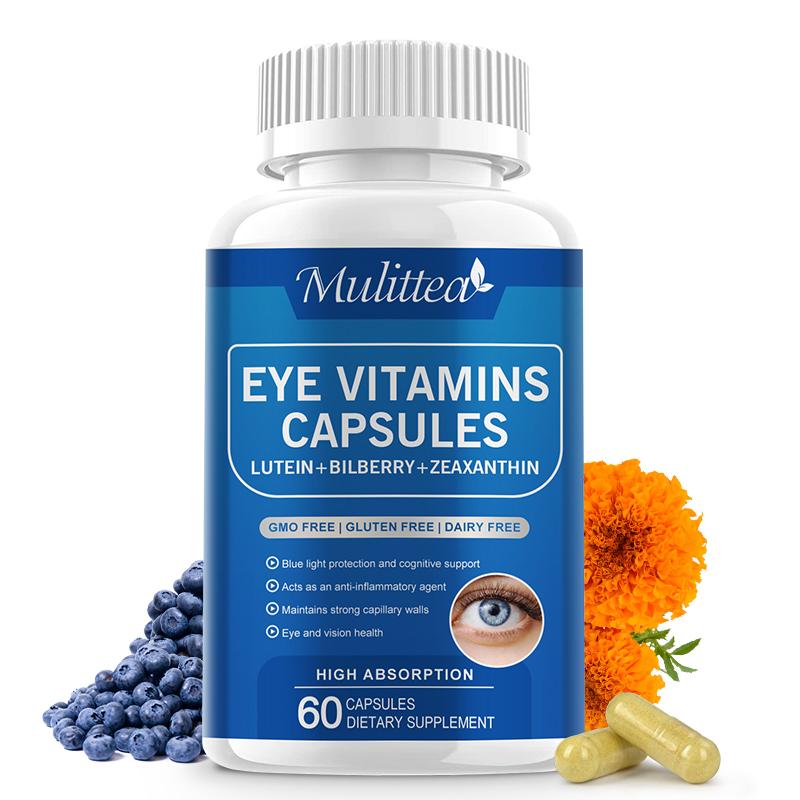 Mulittea Eye Vitamins with Lutein, Zeaxanthin, Bilberry Supports Eye Strain, Vision Health & Dryness Provides Eye Health and Vision Support