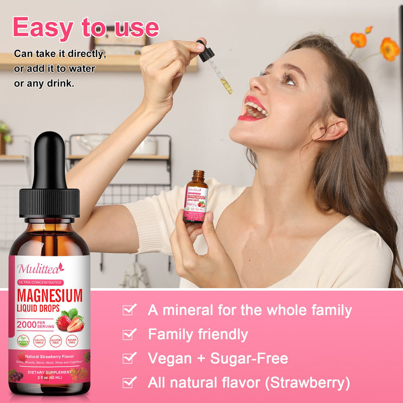 Mulittea Magnesium Liquid Drops Gluten Free Dietary Supplement Natural Strawberry Flavor