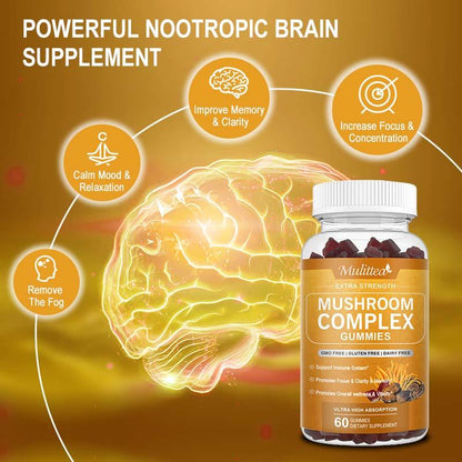 Mulittea Mushroom Gummies | 10 Mushroom Complex | 2500mg per Serving | Organic Extracts for Energy, Focus & Immune Support