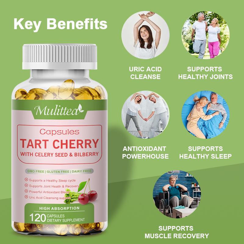 Mulittea Tart Cherry Uric Acid Cleanse Organic Celery Seed & Bilberry Extract Joint Support Muscle Health Sleep & Mobility Polyphenols Supplement