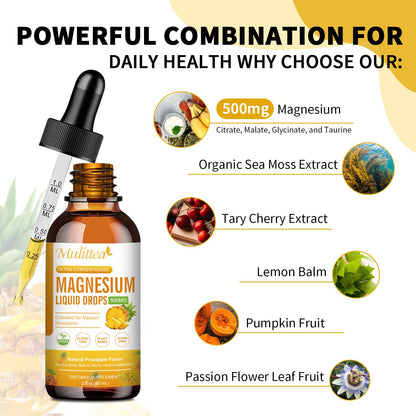 Magnesium 500mg Liquid Drops – High Absorption 5-in-1 Magnesium Complex with Glycinate, Malate, Citrate & Taurate – Vegan, Sugar-Free – 2 Fl.oz
