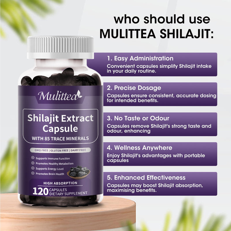 Mulittea Shilajit Capsules Shilajit Pure Himalayan Organic Supplement for Strength, Energy, Immunity With Fulvic Acid & Trace Minerals