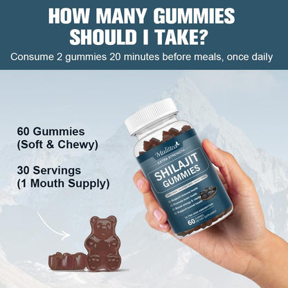 Mulittea Shilajit Gummies 800mg – 60 Strawberry Flavor Gummies (2 Pack) for Energy & Immune Support