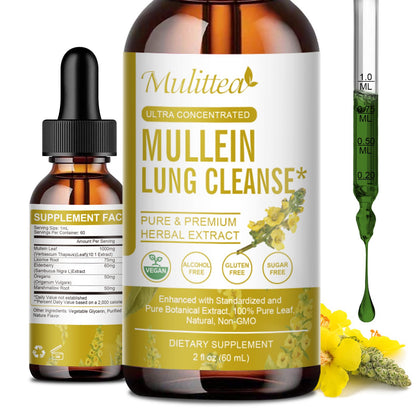 Mulittea 5-in-1 Mullein Drops for Lungs – Mullein Leaf & Elderberry Extract – Respiratory Health & Lung Detox Support – Herbal Immune Supplement – 2 fl oz